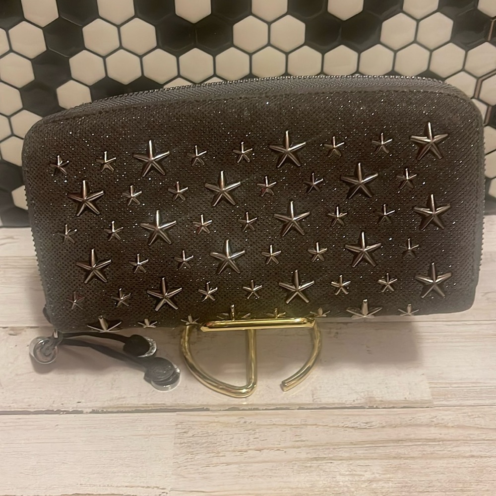 EUC Jimmy Choo Gray denim wallet with stars